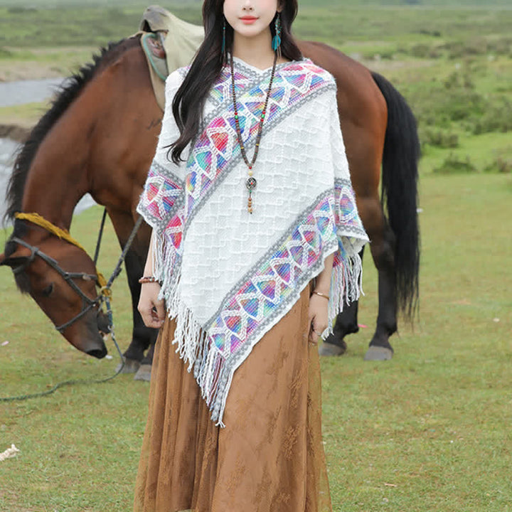 Buddha Stones Spring Fall Boho Geometric Fringe Knit V Hem Women's Shawl - White - image 11