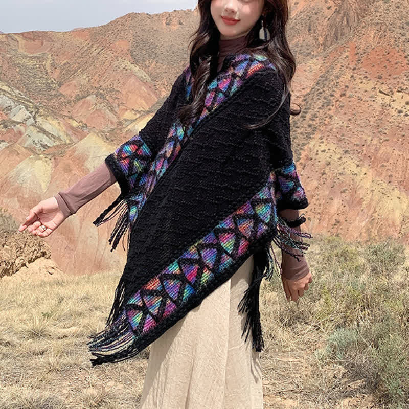 Buddha Stones Spring Fall Boho Geometric Fringe Knit V Hem Women's Shawl - Black - image 35
