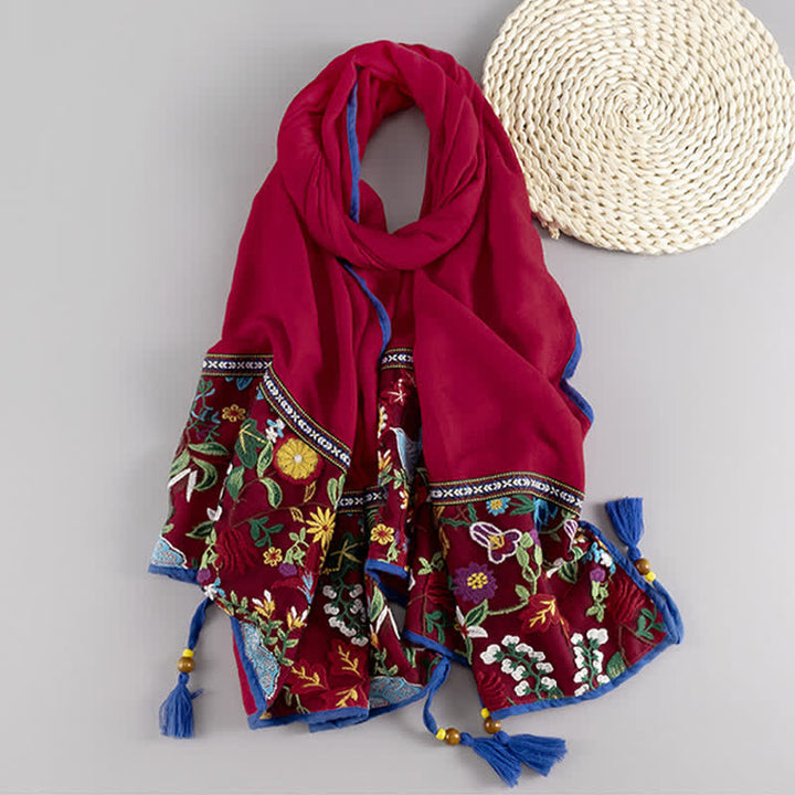 Buddha Stones Spring Fall Boho Embroidered Floral Tassel Thin Women's Shawl - Firebrick - image 6