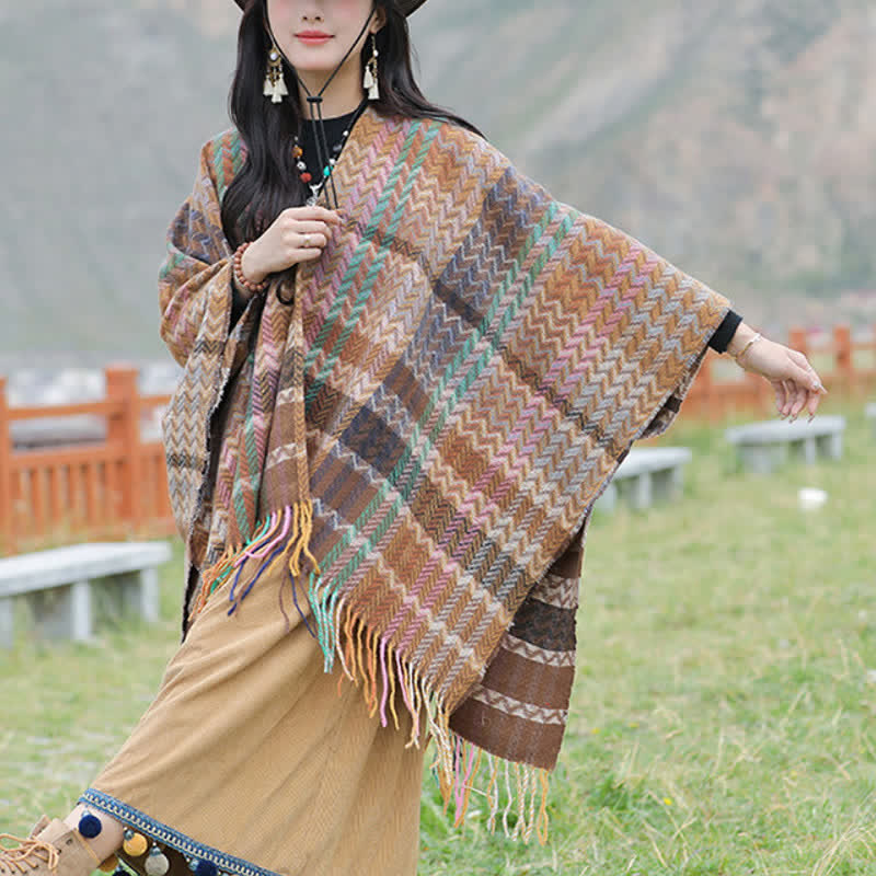 Buddha Stones Fall Winter Boho Wavy Stripes Tassel Style Women's Shawl - Wheat Approx. 51.2 in × 59.1 in / 130 × 150 cm - image 13