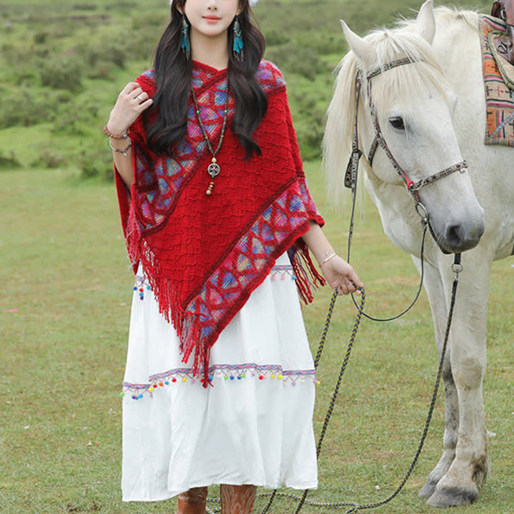 Buddha Stones Spring Fall Boho Geometric Fringe Knit V Hem Women's Shawl - image 9