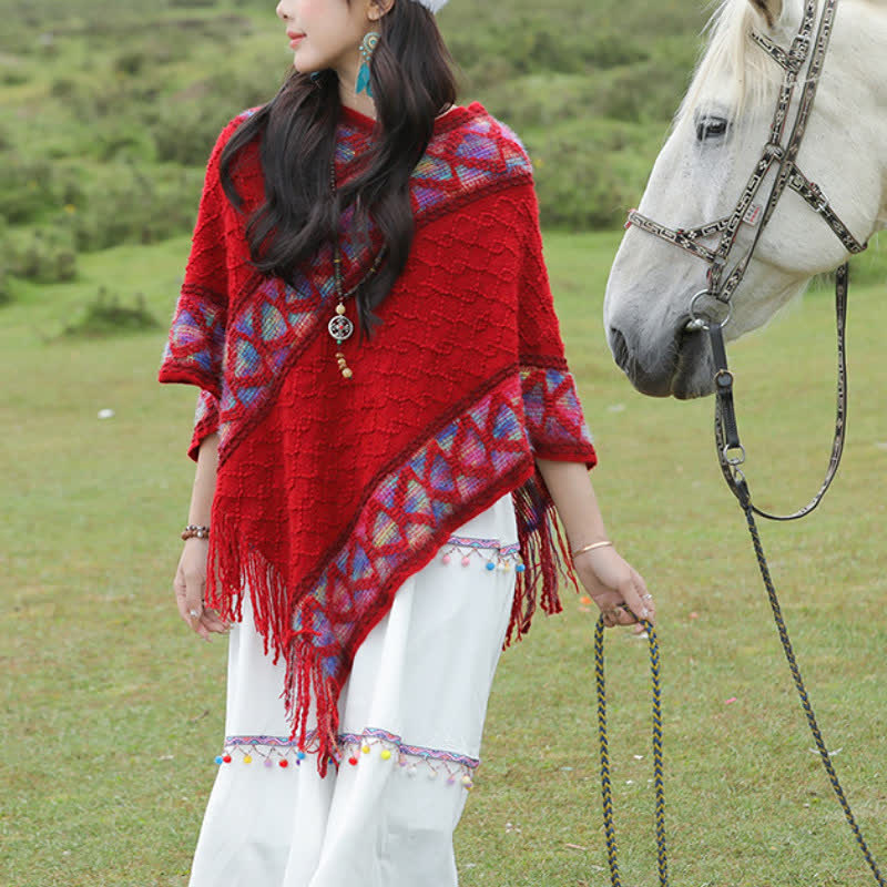 Buddha Stones Spring Fall Boho Geometric Fringe Knit V Hem Women's Shawl - image 1