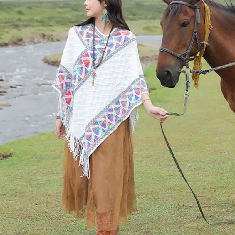 Buddha Stones Spring Fall Boho Geometric Fringe Knit V Hem Women's Shawl - image 12