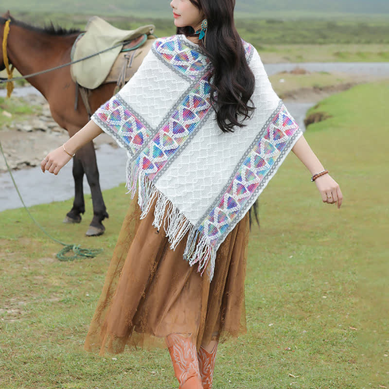 Buddha Stones Spring Fall Boho Geometric Fringe Knit V Hem Women's Shawl - image 14