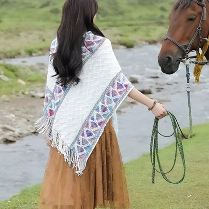 Buddha Stones Spring Fall Boho Geometric Fringe Knit V Hem Women's Shawl - image 20