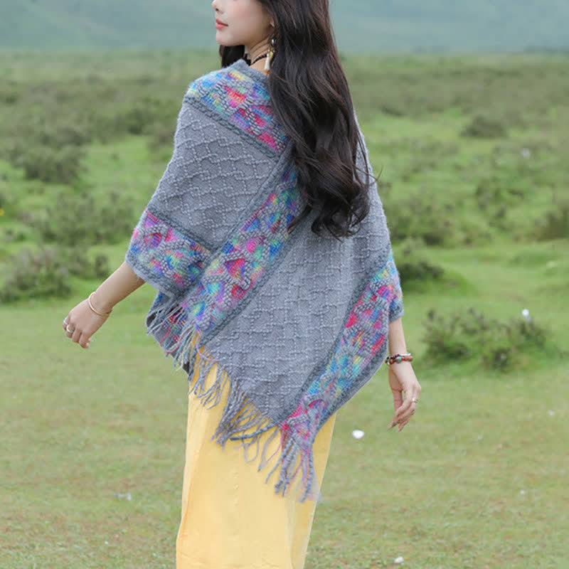 Buddha Stones Spring Fall Boho Geometric Fringe Knit V Hem Women's Shawl - image 23
