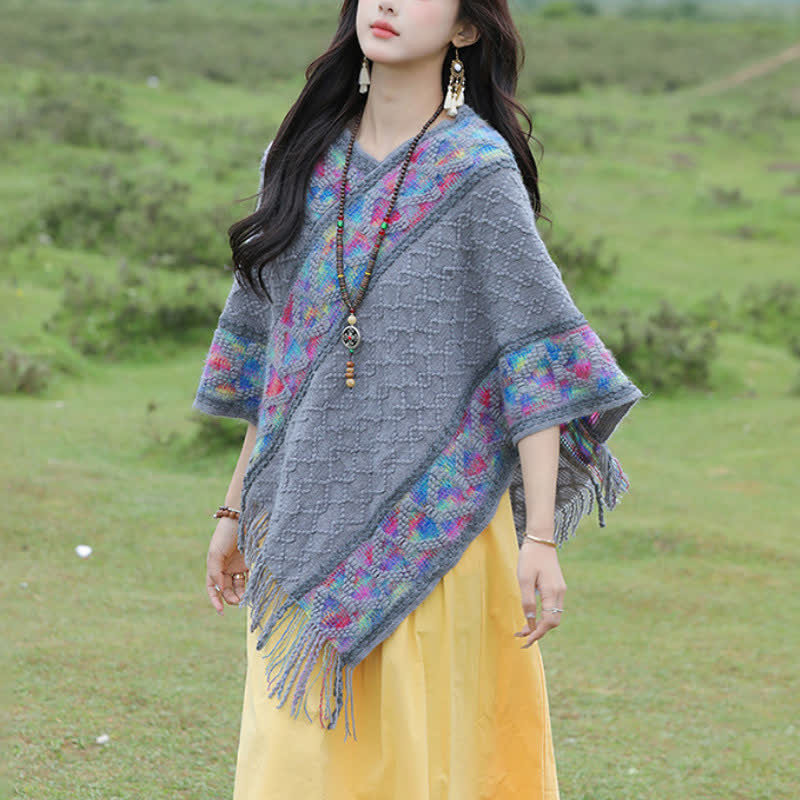 Buddha Stones Spring Fall Boho Geometric Fringe Knit V Hem Women's Shawl - image 24