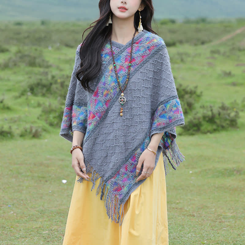 Buddha Stones Spring Fall Boho Geometric Fringe Knit V Hem Women's Shawl - image 25
