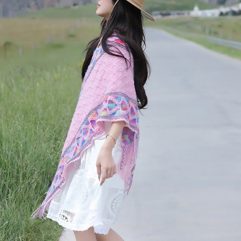 Buddha Stones Spring Fall Boho Geometric Fringe Knit V Hem Women's Shawl - image 27