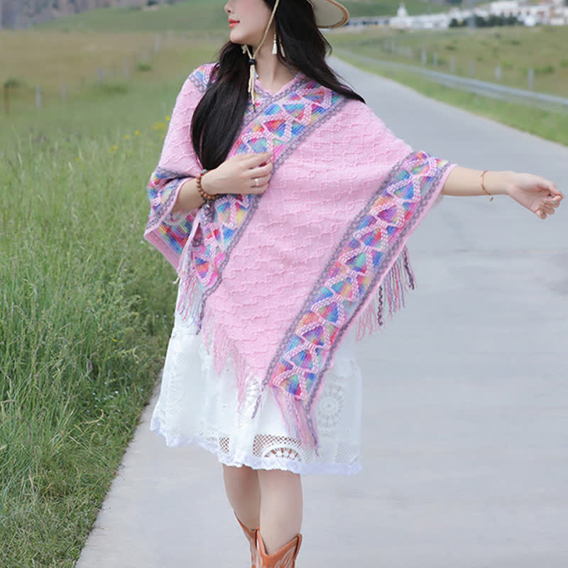 Buddha Stones Spring Fall Boho Geometric Fringe Knit V Hem Women's Shawl - image 31