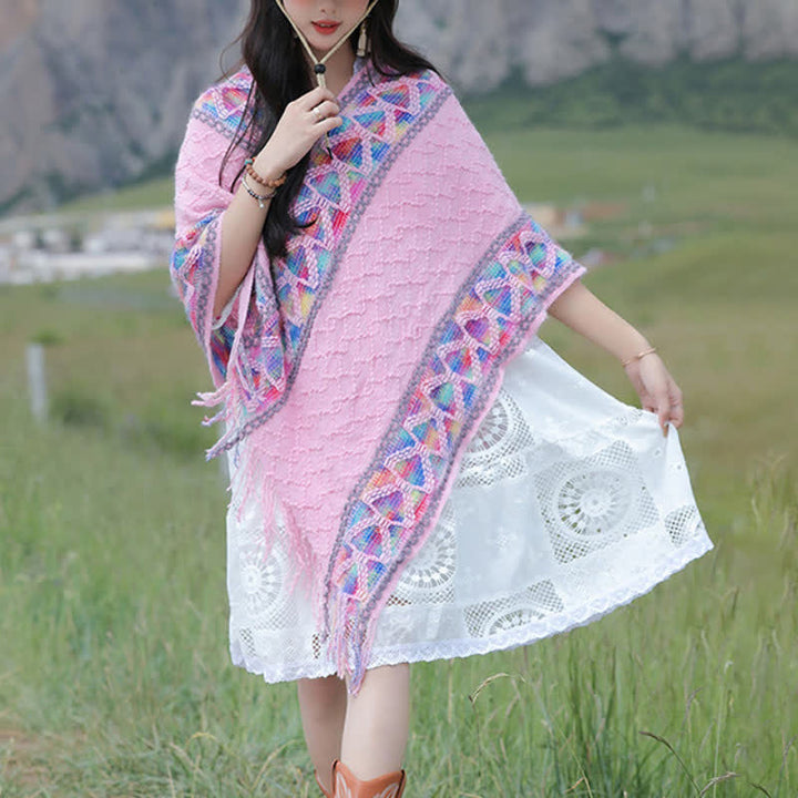 Buddha Stones Spring Fall Boho Geometric Fringe Knit V Hem Women's Shawl - image 29
