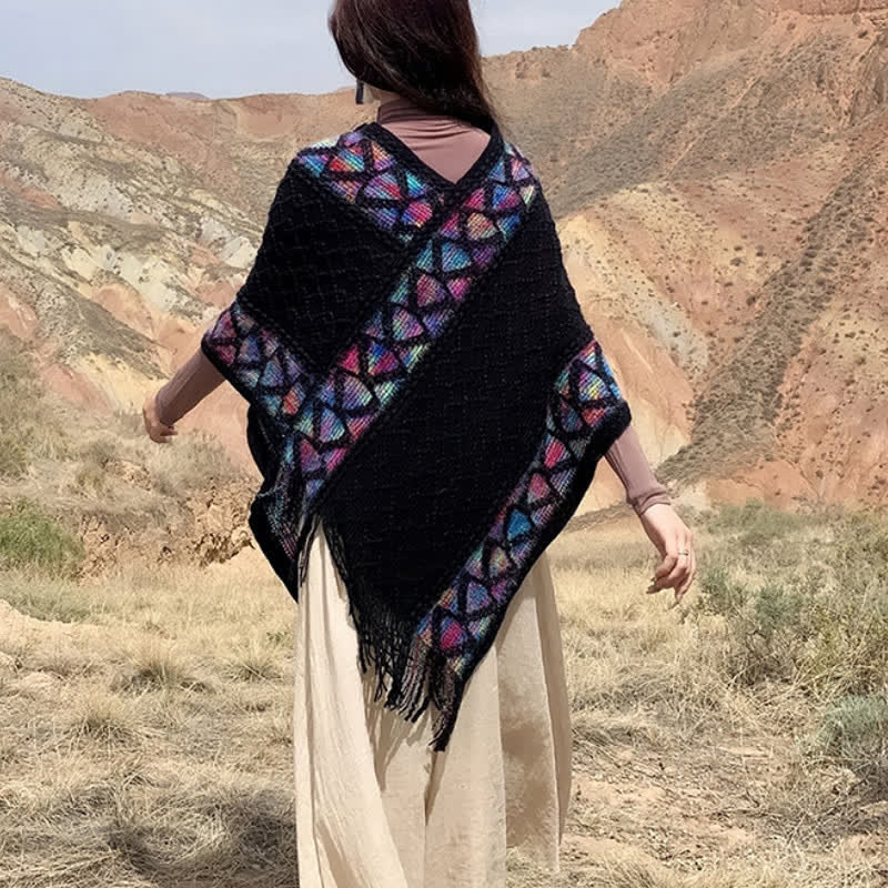 Buddha Stones Spring Fall Boho Geometric Fringe Knit V Hem Women's Shawl - image 40