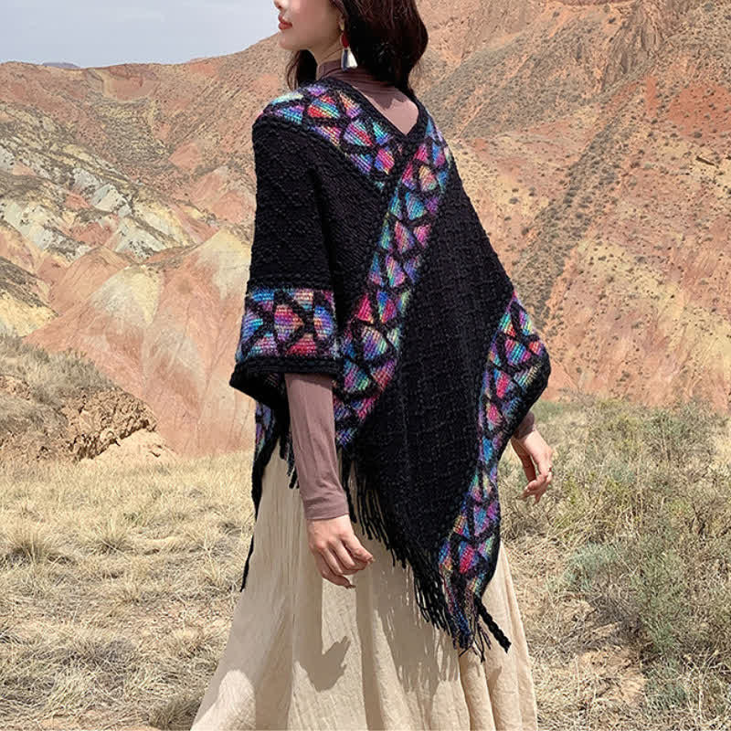 Buddha Stones Spring Fall Boho Geometric Fringe Knit V Hem Women's Shawl - image 43