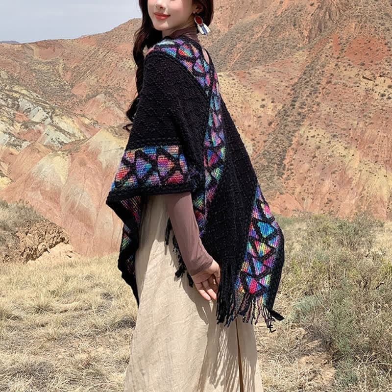 Buddha Stones Spring Fall Boho Geometric Fringe Knit V Hem Women's Shawl - image 42