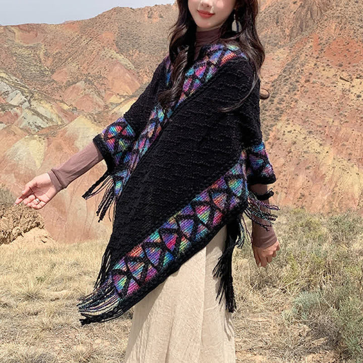 Buddha Stones Spring Fall Boho Geometric Fringe Knit V Hem Women's Shawl - image 41