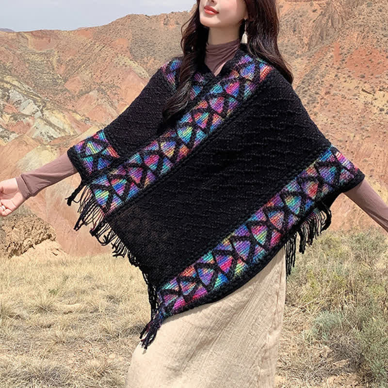 Buddha Stones Spring Fall Boho Geometric Fringe Knit V Hem Women's Shawl - image 37