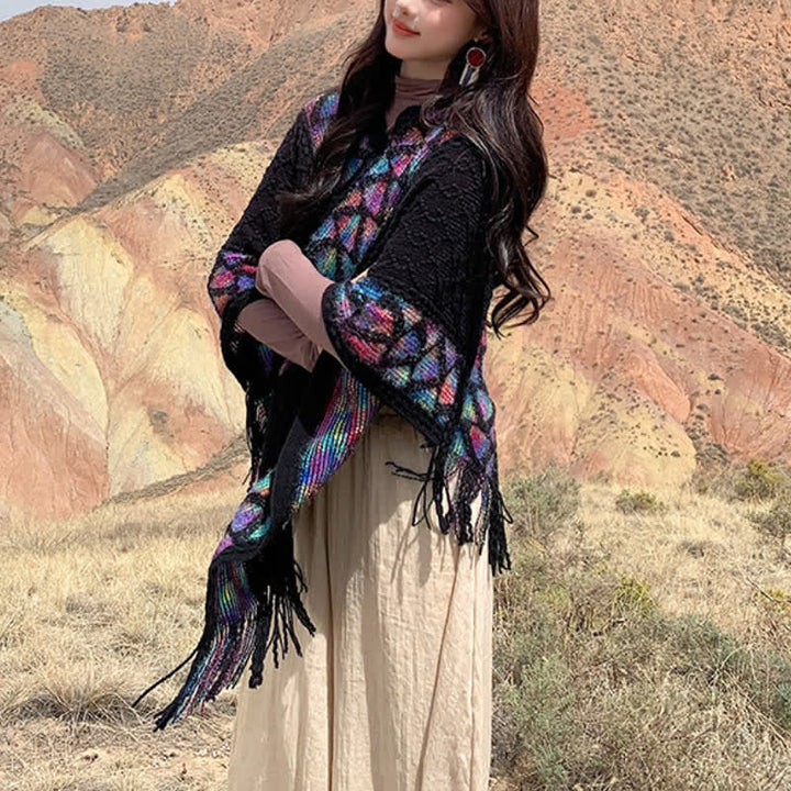 Buddha Stones Spring Fall Boho Geometric Fringe Knit V Hem Women's Shawl - image 38