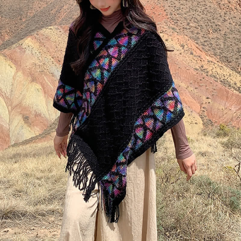 Buddha Stones Spring Fall Boho Geometric Fringe Knit V Hem Women's Shawl - image 36