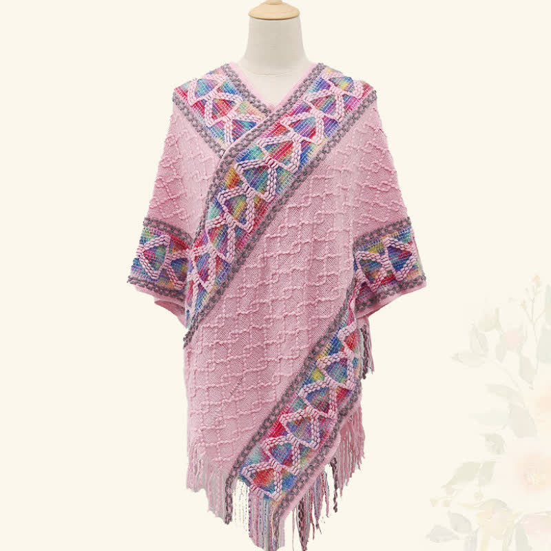 Buddha Stones Spring Fall Boho Geometric Fringe Knit V Hem Women's Shawl - image 34