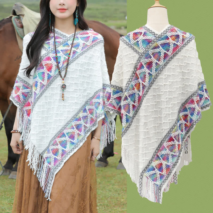 Buddha Stones Spring Fall Boho Geometric Fringe Knit V Hem Women's Shawl - image 21