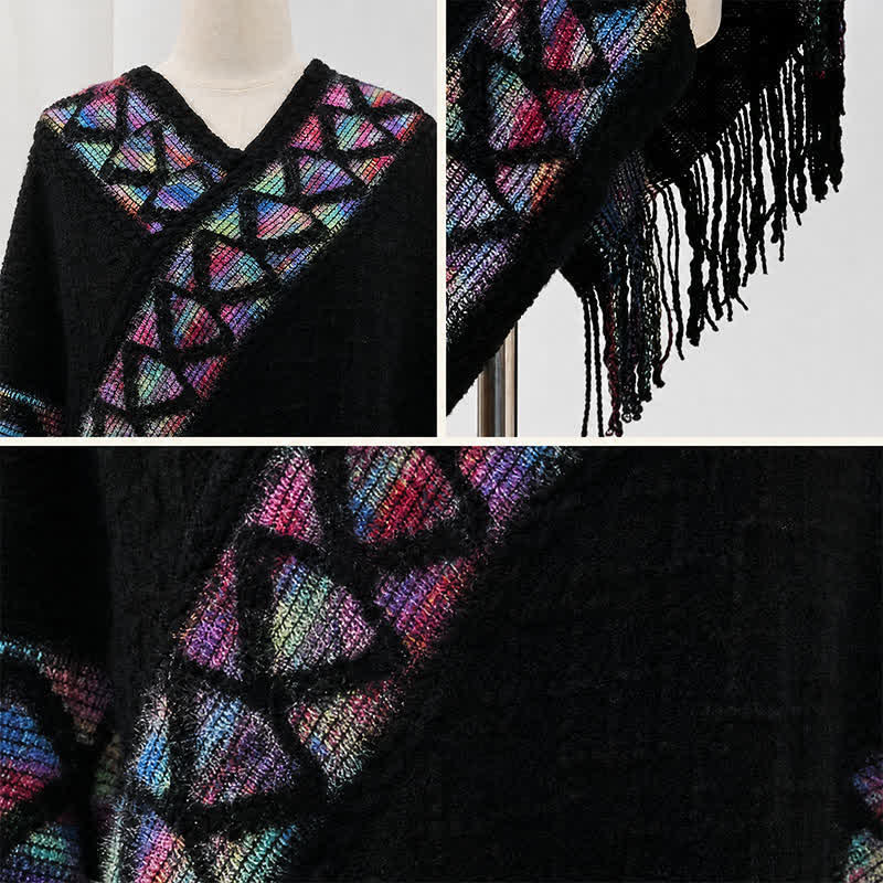 Buddha Stones Spring Fall Boho Geometric Fringe Knit V Hem Women's Shawl - image 44