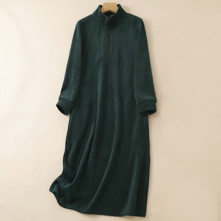 Buddha Stones Fall Winter Casual Tang Style Quarter Zip Solid Corduroy Women's Long Sleeve Dress With Pockets - DarkGreen - US8-10, UK/AU12-14, EU40-42 (2XL) - image 0