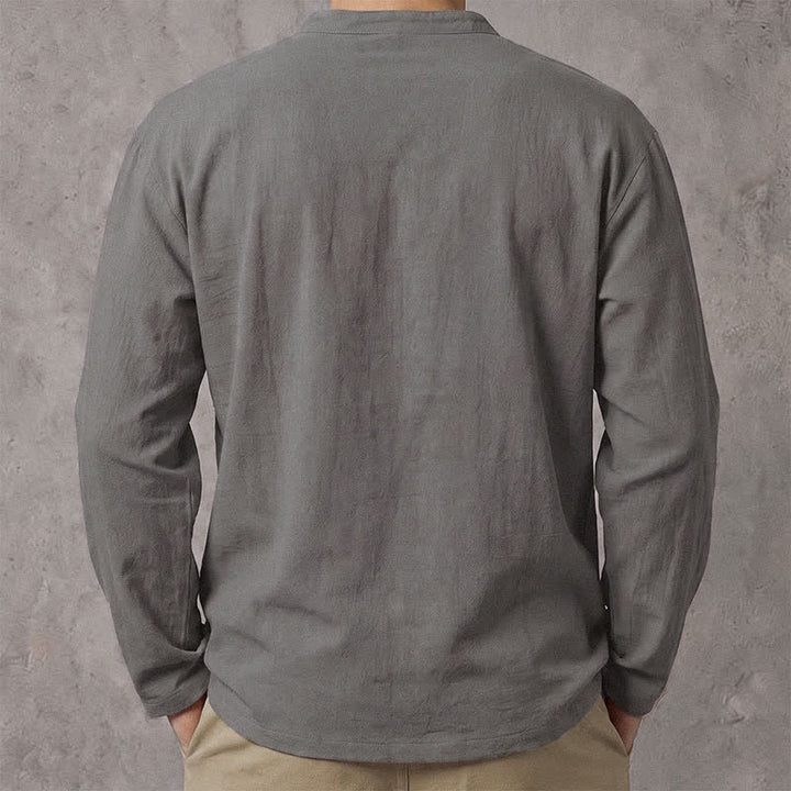 Buddha Stones Spring Fall Casual Drawstring Mandarin Collar Solid Men's Long Sleeve Shirts - image 20