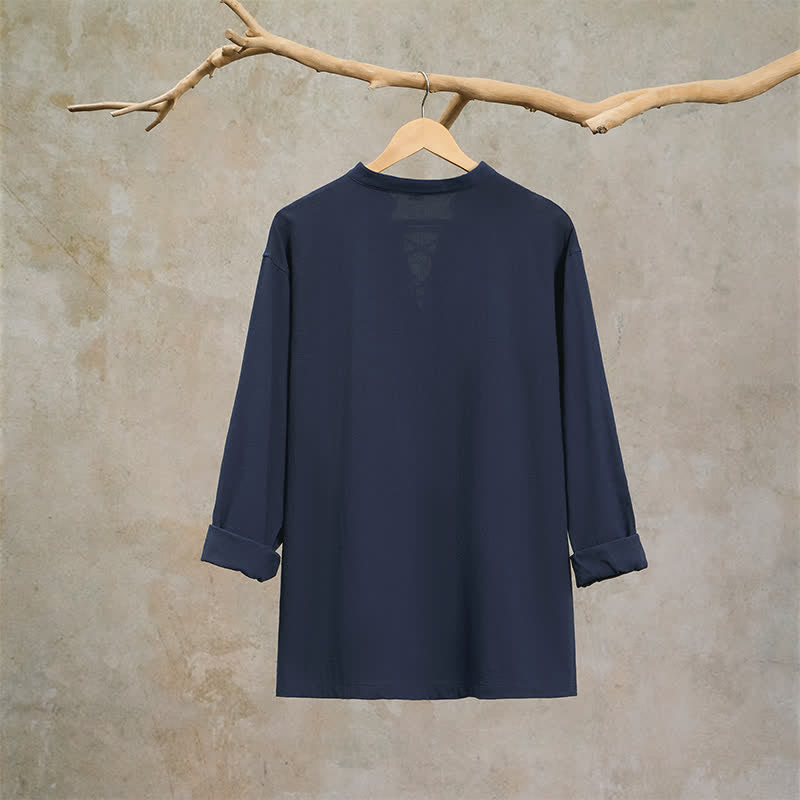 Buddha Stones Spring Fall Casual Drawstring Mandarin Collar Solid Men's Long Sleeve Shirts - image 4
