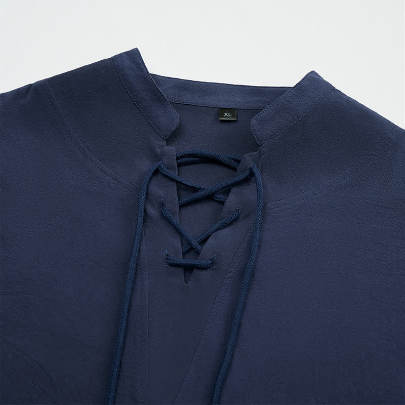 Buddha Stones Spring Fall Casual Drawstring Mandarin Collar Solid Men's Long Sleeve Shirts - image 5