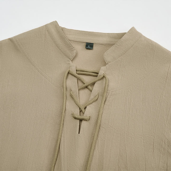 Buddha Stones Spring Fall Casual Drawstring Mandarin Collar Solid Men's Long Sleeve Shirts - image 14