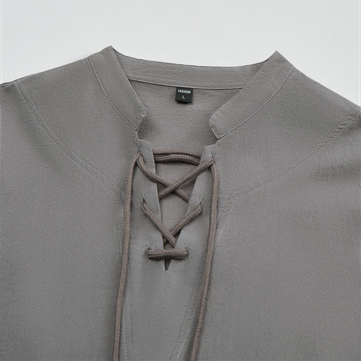 Buddha Stones Spring Fall Casual Drawstring Mandarin Collar Solid Men's Long Sleeve Shirts - image 23