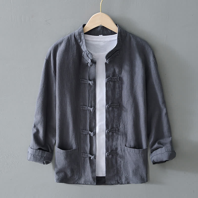 Buddha Stones Frog-Button Chinese Tang Suit Cotton Linen Men Shirt With Pockets - Gray - US/UK/AU50，EU60 (5XL) - image 0