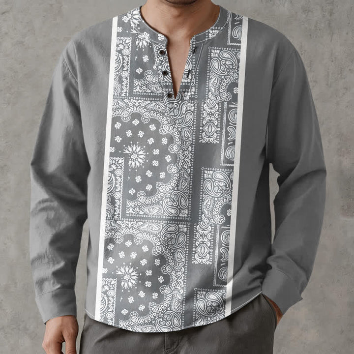 Buddha Stones Cotton Boho Paisley Stripe Pattern V-Neck Buttons Men's Long Sleeve Shirts - image 8