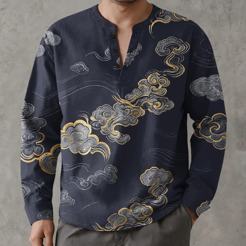 Buddha Stones Cotton Oriental Cloud Pattern V-Neck Buttons Men's Long Sleeve Shirts - image 1