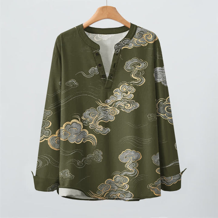 Buddha Stones Cotton Oriental Cloud Pattern V-Neck Buttons Men's Long Sleeve Shirts - image 9
