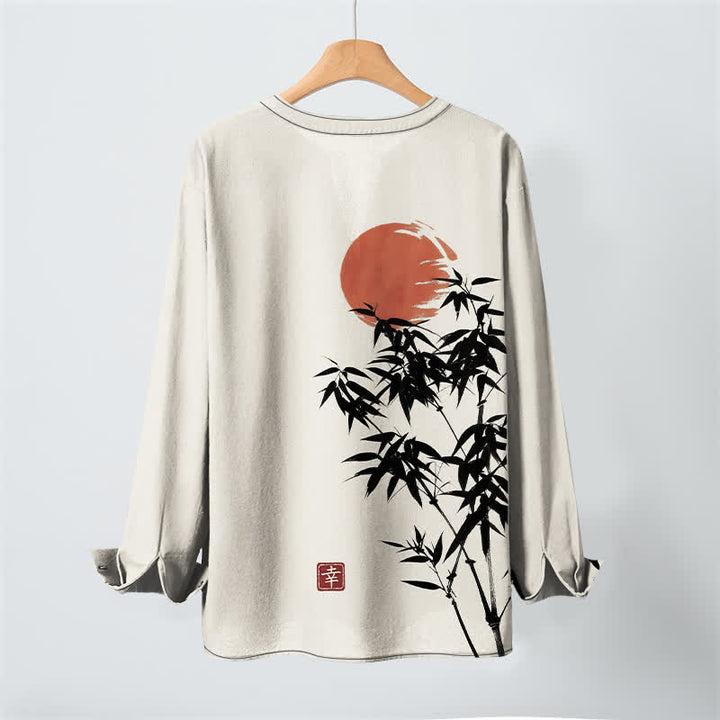 Buddha Stones Cotton Ink Bamboo Sun Pattern V-Neck Buttons Men's Long Sleeve Shirts - image 3