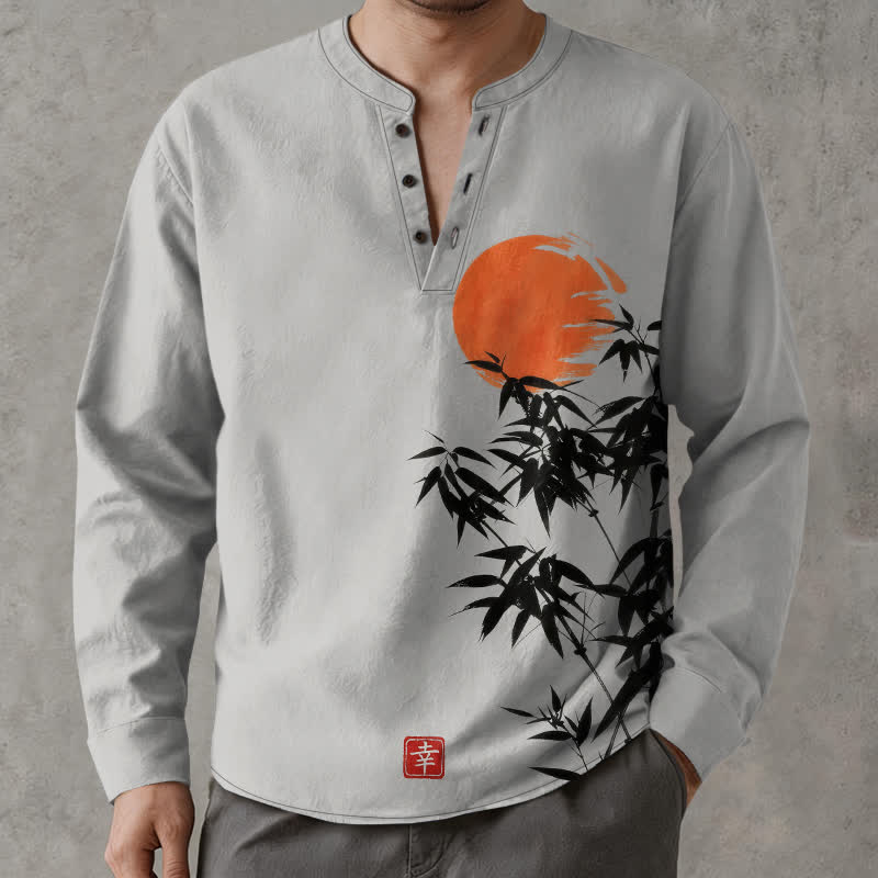 Buddha Stones Cotton Ink Bamboo Sun Pattern V-Neck Buttons Men's Long Sleeve Shirts - LightGrey - US/UK/AU48，EU58 (4XL) - image 7
