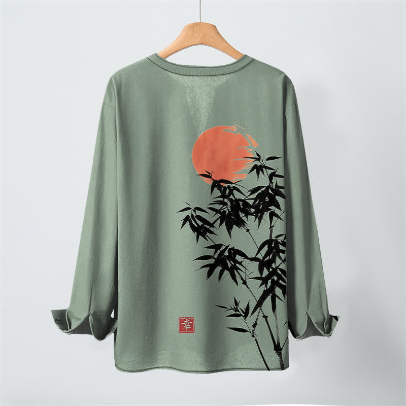 Buddha Stones Cotton Ink Bamboo Sun Pattern V-Neck Buttons Men's Long Sleeve Shirts - image 17
