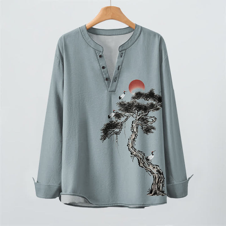 Buddha Stones Cotton Ink Pine Red Sun Birds Pattern V-Neck Buttons Men's Long Sleeve Shirts - image 16