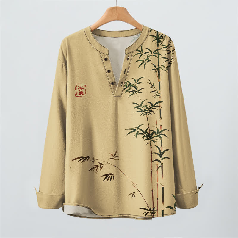 Buddha Stones Cotton Eastern Bamboo Seal Pattern V-Neck Buttons Men's Long Sleeve Shirts - image 2