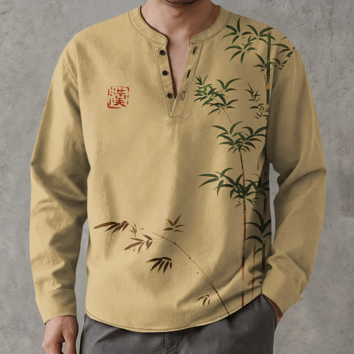 Buddha Stones Cotton Eastern Bamboo Seal Pattern V-Neck Buttons Men's Long Sleeve Shirts - image 1