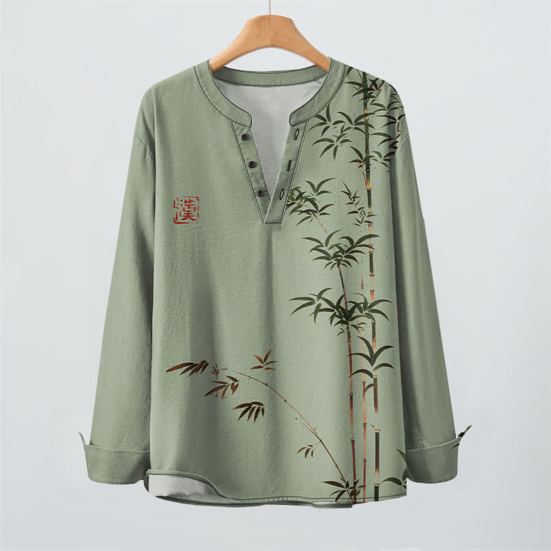 Buddha Stones Cotton Eastern Bamboo Seal Pattern V-Neck Buttons Men's Long Sleeve Shirts - image 9