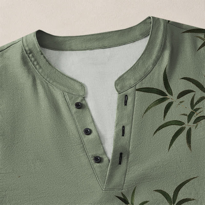 Buddha Stones Cotton Eastern Bamboo Seal Pattern V-Neck Buttons Men's Long Sleeve Shirts - image 11