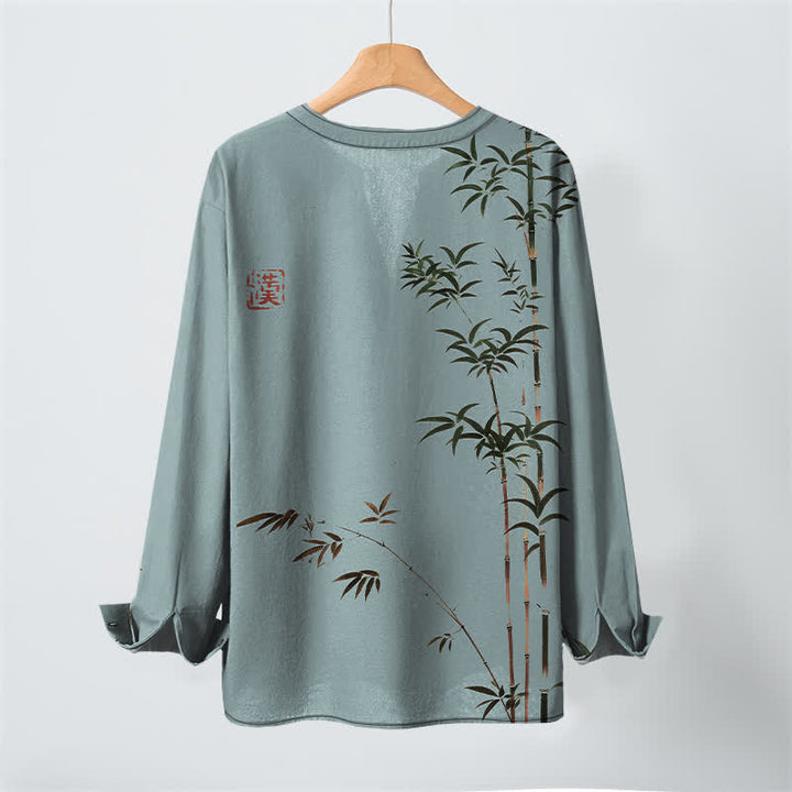 Buddha Stones Cotton Eastern Bamboo Seal Pattern V-Neck Buttons Men's Long Sleeve Shirts - image 17