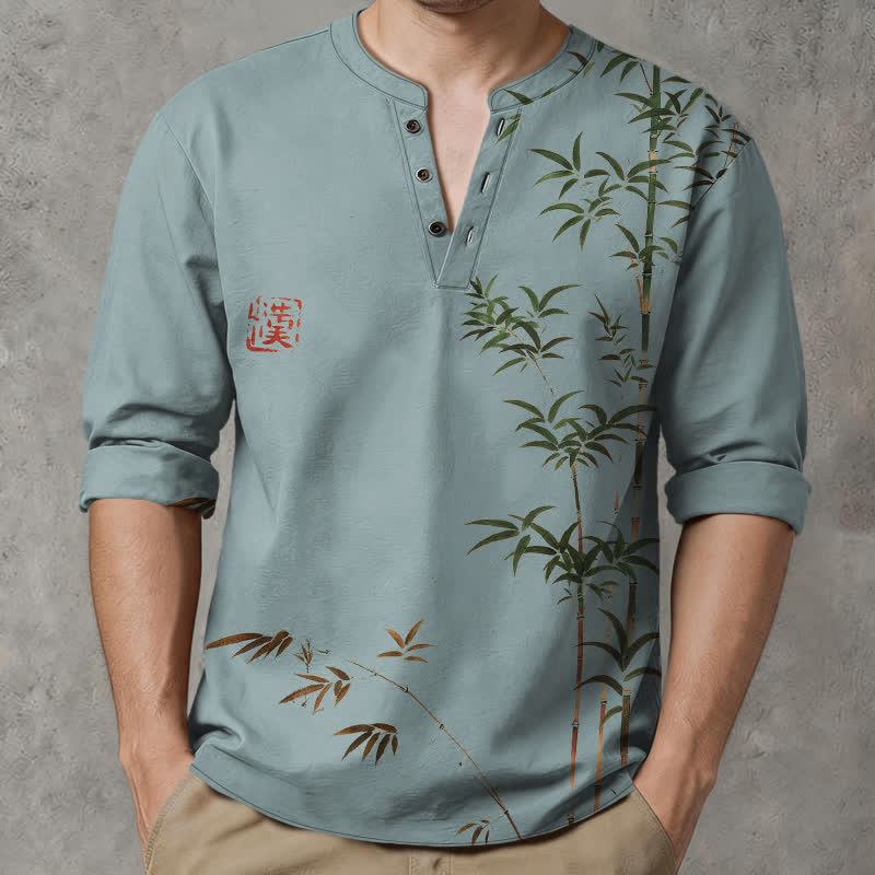 Buddha Stones Cotton Eastern Bamboo Seal Pattern V-Neck Buttons Men's Long Sleeve Shirts - CadetBlue - US/UK/AU48，EU58 (4XL) - image 14
