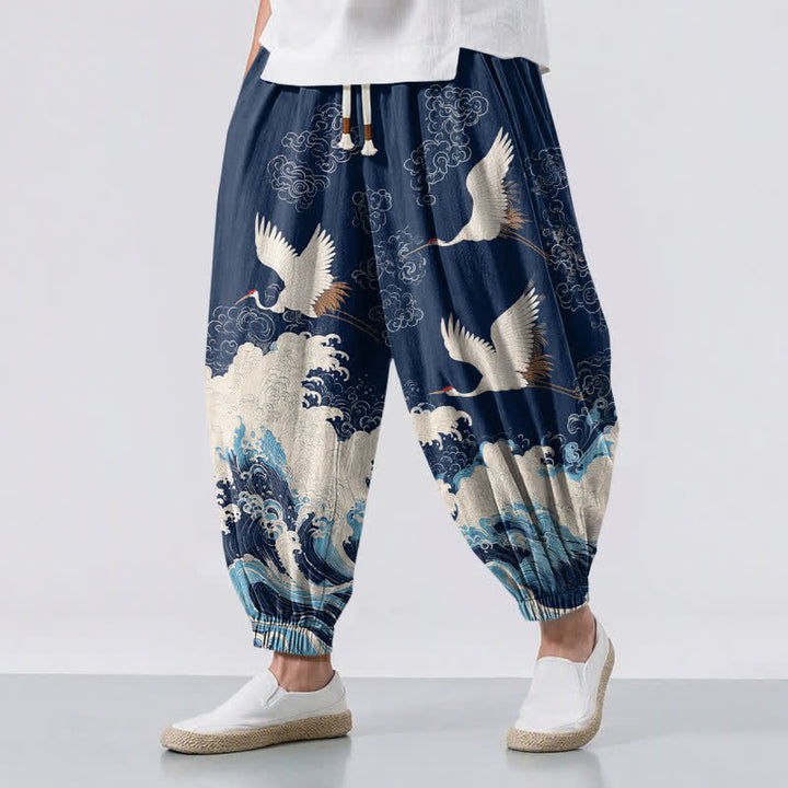 Buddha Stones Pure Cotton White Crane Wave Pattern Drawstring Men's Harem Pants With Pockets - Navy - US/UK/AU50，EU60 (5XL) - image 0