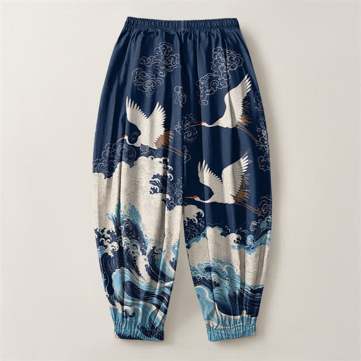 Buddha Stones Pure Cotton White Crane Wave Pattern Drawstring Men's Harem Pants With Pockets - image 2