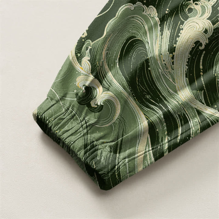 Buddha Stones Pure Cotton White Crane Wave Pattern Drawstring Men's Harem Pants With Pockets - image 10