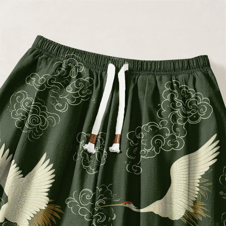 Buddha Stones Pure Cotton White Crane Wave Pattern Drawstring Men's Harem Pants With Pockets - image 9