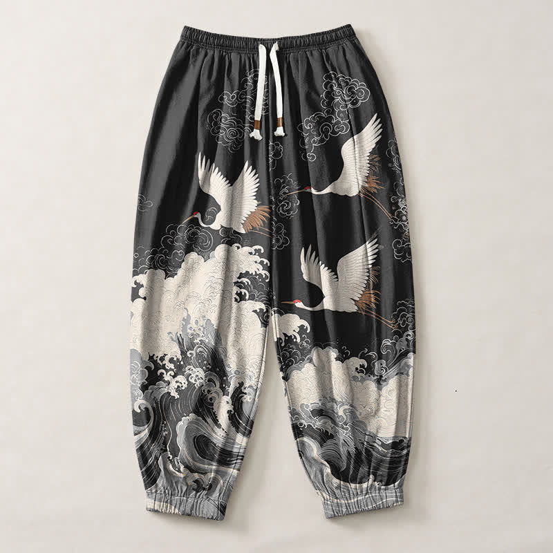 Buddha Stones Pure Cotton White Crane Wave Pattern Drawstring Men's Harem Pants With Pockets - image 13